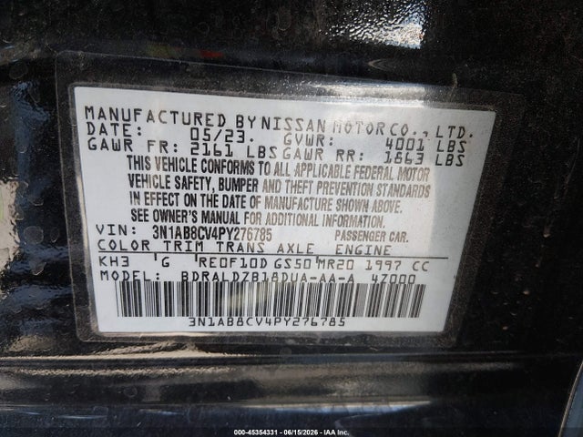 Auction sale of the 2023 Nissan Sentra Sv Xtronic Cvt, vin: 3N1AB8CV4PY276785, lot number: 45354331