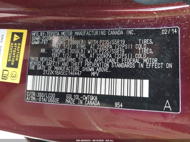 Aukcja sprzedaży 2014 Lexus Rx 350, vin: 2T2ZK1BA5EC146447, numer aukcji: 45354333