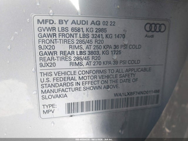 2022 Audi Q7 Premium Plus 55 Tfsi Quattro Tiptronic მანქანა იყიდება აუქციონზე, vin: WA1LXBF74ND011456, აუქციონის ნომერი: 45354335