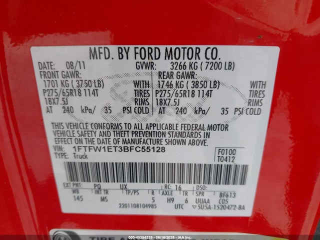 Aukcja sprzedaży 2011 Ford F-150 Xlt, vin: 1FTFW1ET3BFC55128, numer aukcji: 45354339