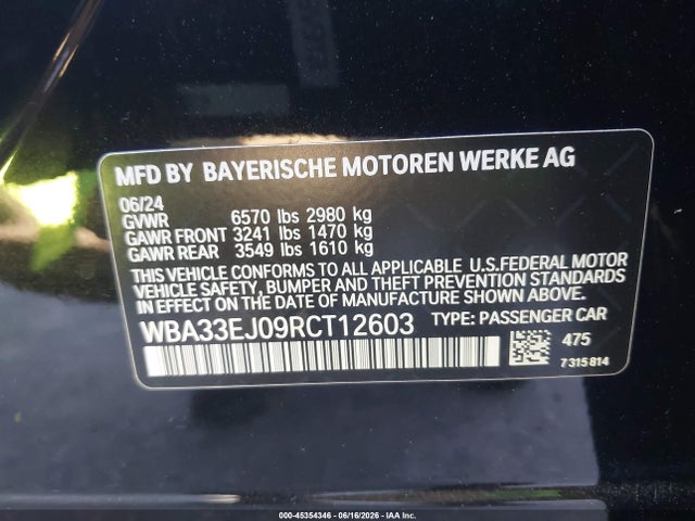 2024 Bmw 760i Xdrive მანქანა იყიდება აუქციონზე, vin: WBA33EJ09RCT12603, აუქციონის ნომერი: 45354346