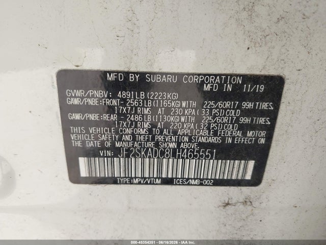 45354351 :رقم المزاد ، JF2SKADC8LH465551 vin ، 2020 Subaru Forester مزاد بيع