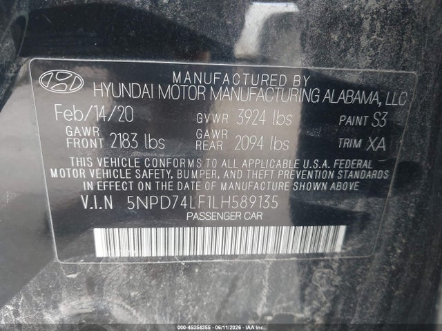 Aukcja sprzedaży 2020 Hyundai Elantra Se, vin: 5NPD74LF1LH589135, numer aukcji: 45354355