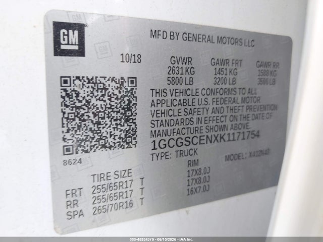 Продаж на аукціоні авто 2019 Chevrolet Colorado Lt, vin: 1GCGSCENXK1171754, номер лоту: 45354379