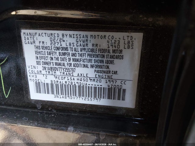 Продаж на аукціоні авто 2026 Nissan Sentra Sr, vin: 3N1AB9DV7TY255797, номер лоту: 45354407