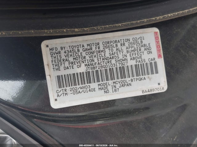 Aukcja sprzedaży 2001 Lexus Es 300, vin: JT8BF28G010317927, numer aukcji: 45354411