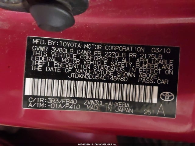Aukcja sprzedaży 2010 Toyota Prius Iii, vin: JTDKN3DU5A0148980, numer aukcji: 45354412