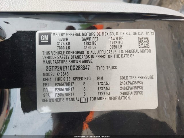2012 Gmc Sierra 1500 Sle მანქანა იყიდება აუქციონზე, vin: 3GTP2VE71CG288347, აუქციონის ნომერი: 45354415