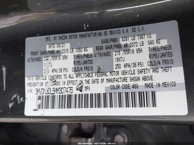 45354502 :رقم المزاد ، 3MVDMBDL5MM307476 vin ، 2021 Mazda Cx-30 Premium مزاد بيع