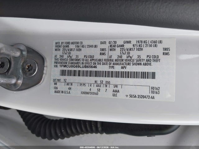 2020 Ford Escape Se მანქანა იყიდება აუქციონზე, vin: 1FMCU0G69LUB65646, აუქციონის ნომერი: 45354506