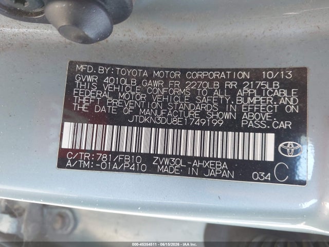 Aukcja sprzedaży 2014 Toyota Prius Two, vin: JTDKN3DU8E1749199, numer aukcji: 45354511