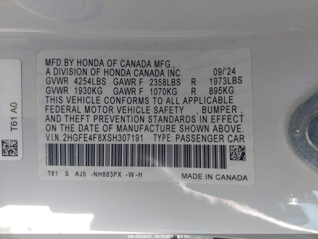 Продажа на аукционе авто 2025 Honda Civic Hybrid Sport/sport Touring, vin: 2HGFE4F8XSH307191, номер лота: 45354525