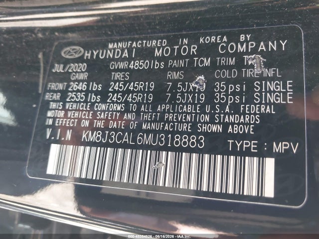 45354526 :رقم المزاد ، KM8J3CAL6MU318883 vin ، 2021 Hyundai Tucson Sport مزاد بيع