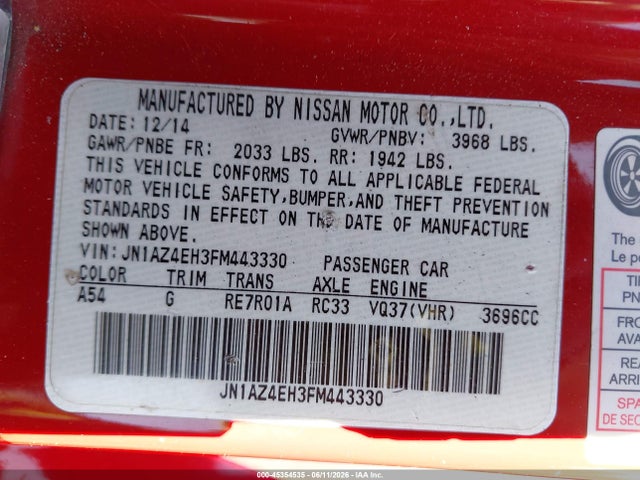 Aukcja sprzedaży 2015 Nissan 370z Sport, vin: JN1AZ4EH3FM443330, numer aukcji: 45354535