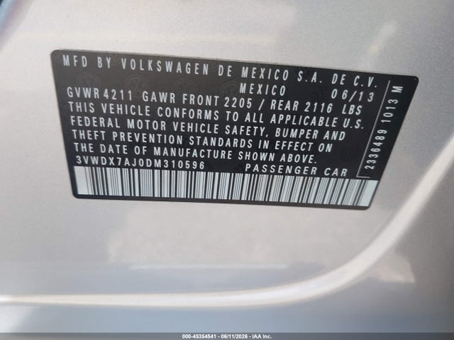 Aukcja sprzedaży 2013 Volkswagen Jetta 2.5l Se, vin: 3VWDX7AJ0DM310596, numer aukcji: 45354541