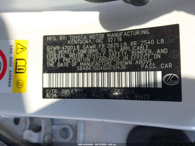 45354545 :رقم المزاد ، 58ABK1GG4GU010436 vin ، 2016 Lexus Es 350 مزاد بيع