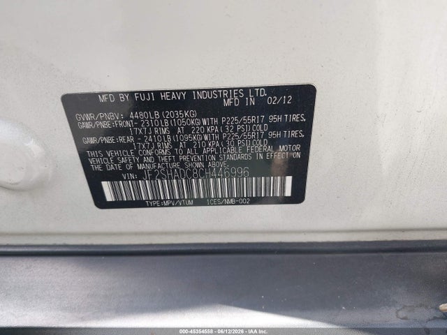 Aukcja sprzedaży 2012 Subaru Forester 2.5x Premium, vin: JF2SHADC8CH446996, numer aukcji: 45354558