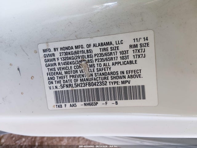 Aukcja sprzedaży 2015 Honda Odyssey Lx, vin: 5FNRL5H23FB042352, numer aukcji: 45354560