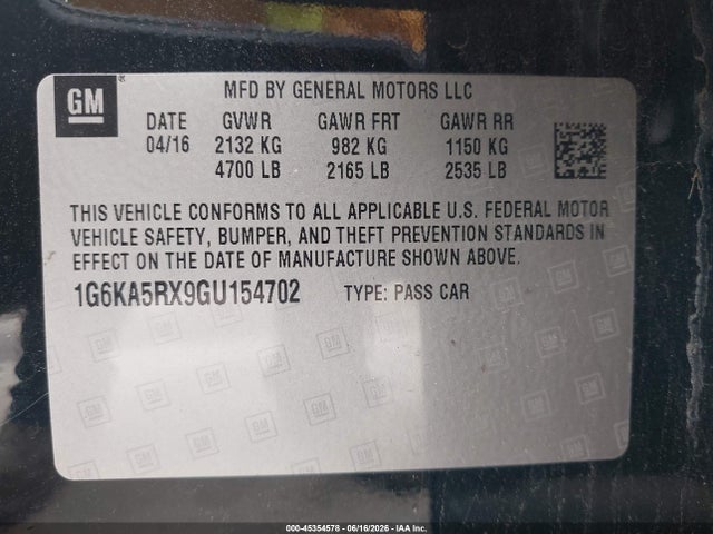 Aukcja sprzedaży 2016 Cadillac Ct6 Standard, vin: 1G6KA5RX9GU154702, numer aukcji: 45354578