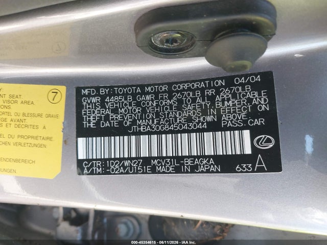 Aukcja sprzedaży 2004 Lexus Es 330, vin: JTHBA30G845043044, numer aukcji: 45354615