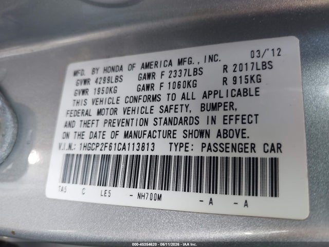 2012 Honda Accord 2.4 Se მანქანა იყიდება აუქციონზე, vin: 1HGCP2F61CA113813, აუქციონის ნომერი: 45354620