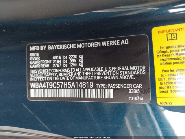 45354639 :رقم المزاد ، WBA4T9C57H5A14819 vin ، 2017 Bmw 440i مزاد بيع
