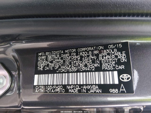 Aukcja sprzedaży 2015 Toyota Prius C One, vin: JTDKDTB35F1099472, numer aukcji: 45354640