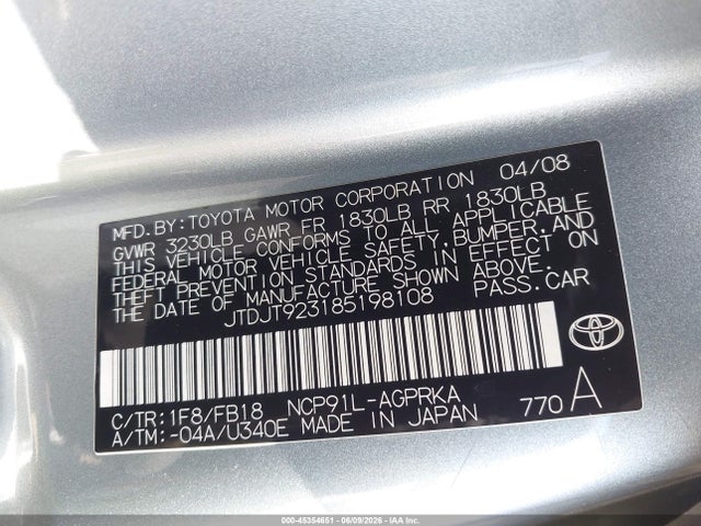 2008 Toyota Yaris მანქანა იყიდება აუქციონზე, vin: JTDJT923185198108, აუქციონის ნომერი: 45354651