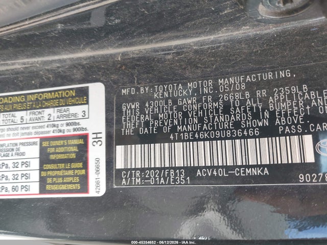 Aukcja sprzedaży 2009 Toyota Camry, vin: 4T1BE46K09U836466, numer aukcji: 45354652
