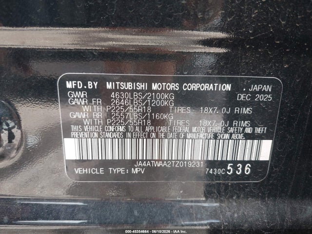 Продаж на аукціоні авто 2026 Mitsubishi Eclipse Cross Black Edition S-awc/se S-awc/sel S-awc, vin: JA4ATWAA2TZ019231, номер лоту: 45354664