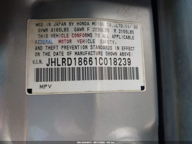 Aukcja sprzedaży 2001 Honda Cr-v Ex, vin: JHLRD18661C018239, numer aukcji: 45354670