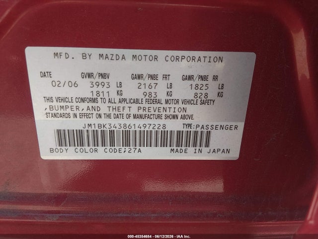 Aukcja sprzedaży 2006 Mazda Mazda3 S Grand Touring, vin: JM1BK343861497228, numer aukcji: 45354684