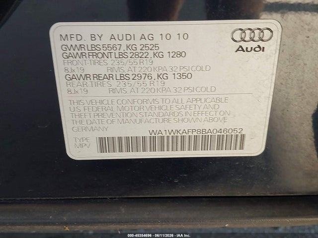 Auction sale of the 2011 Audi Q5 3.2 Premium Plus, vin: WA1WKAFP8BA046052, lot number: 45354696