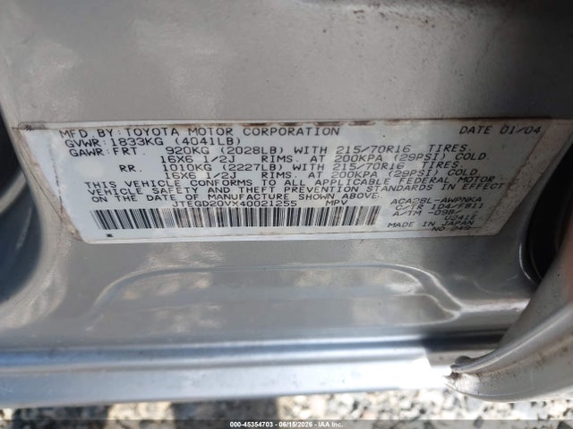 Продажа на аукционе авто 2004 Toyota Rav4, vin: JTEGD20VX40021255, номер лота: 45354703