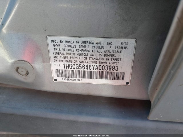 Aukcja sprzedaży 2000 Honda Accord 2.3 Lx, vin: 1HGCG5646YA003993, numer aukcji: 45354706
