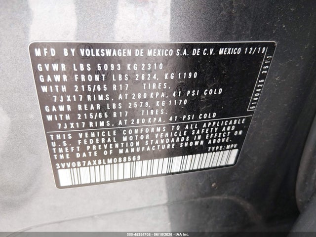 2020 Volkswagen Tiguan 2.0t S მანქანა იყიდება აუქციონზე, vin: 3VV0B7AX8LM088569, აუქციონის ნომერი: 45354708