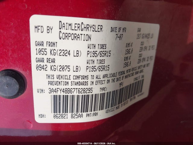 Aukcja sprzedaży 2007 Chrysler Pt Cruiser, vin: 3A4FY48B67T628295, numer aukcji: 45354714