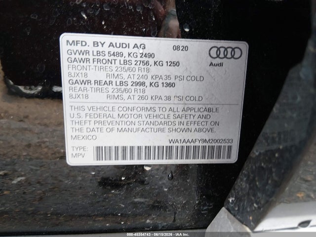 2021 Audi Q5 Premium 45 Tfsi Quattro S Tronic მანქანა იყიდება აუქციონზე, vin: WA1AAAFY9M2002533, აუქციონის ნომერი: 45354743