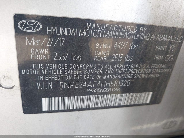 Aukcja sprzedaży 2017 Hyundai Sonata, vin: 5NPE24AF4HH581320, numer aukcji: 45354745