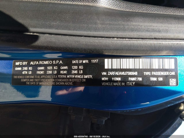 ZARFAEAV6J7580948 Alfa Romeo Giulia Quadrifoglio Rwd