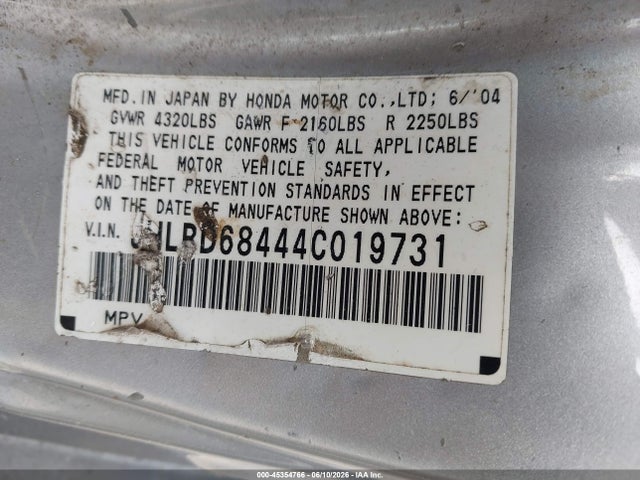 45354766 :رقم المزاد ، JHLRD68444C019731 vin ، 2004 Honda Cr-v Lx مزاد بيع