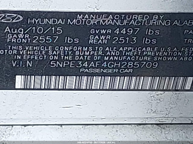 Aukcja sprzedaży 2016 Hyundai Sonata Limited, vin: 5NPE34AF4GH285709, numer aukcji: 45354785