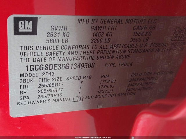 45354800 :رقم المزاد ، 1GCGSDE36G1349588 vin ، 2016 Chevrolet Colorado Z71 مزاد بيع