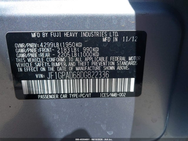 2013 Subaru Impreza 2.0i Premium მანქანა იყიდება აუქციონზე, vin: JF1GPAD68DG822336, აუქციონის ნომერი: 45354851