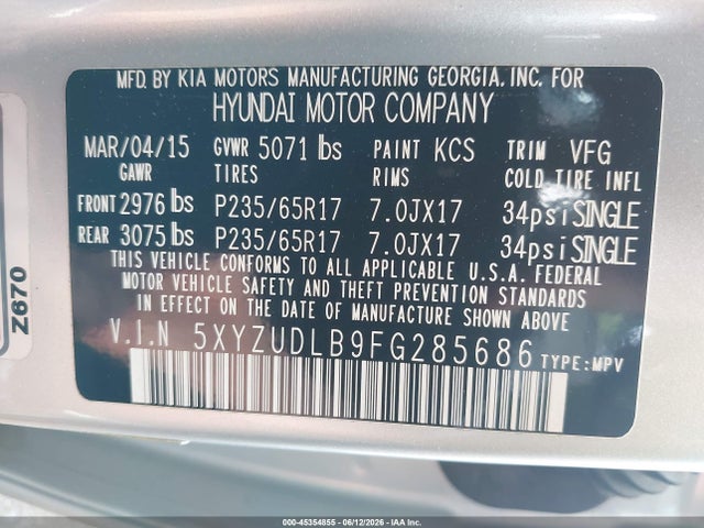 2015 Hyundai Santa Fe Sport 2.4l მანქანა იყიდება აუქციონზე, vin: 5XYZUDLB9FG285686, აუქციონის ნომერი: 45354855