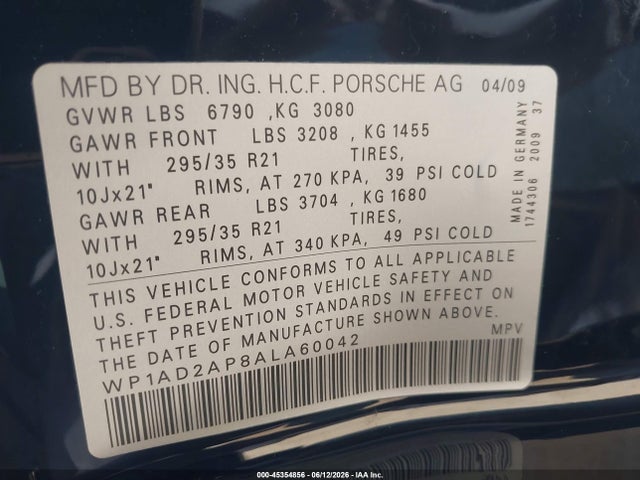 45354856 :رقم المزاد ، WP1AD2AP8ALA60042 vin ، 2010 Porsche Cayenne Gts مزاد بيع