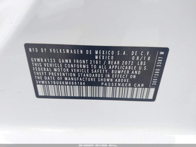 Aukcja sprzedaży 2019 Volkswagen Jetta 1.4t Sel, vin: 3VWE57BU6KM086184, numer aukcji: 45354870