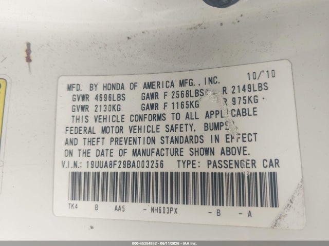 45354882 :رقم المزاد ، 19UUA8F29BA003256 vin ، 2011 Acura Tl 3.5 مزاد بيع