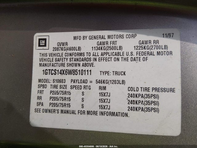 1998 Gmc Sonoma Sls Sportside მანქანა იყიდება აუქციონზე, vin: 1GTCS14X6W8510111, აუქციონის ნომერი: 45354886