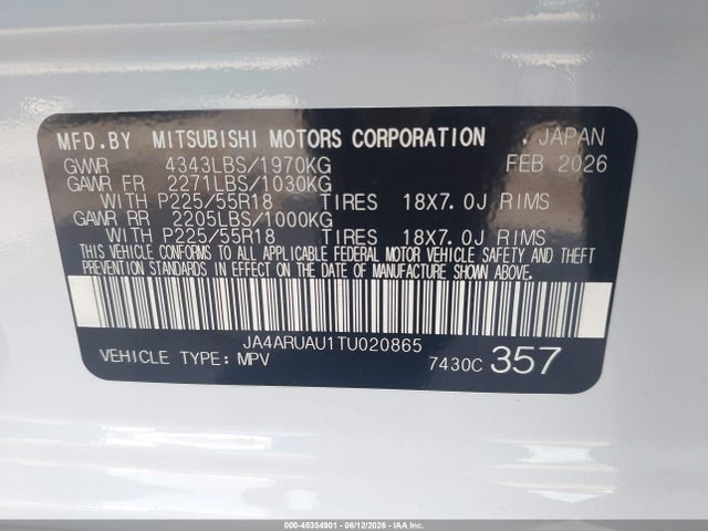 2026 Mitsubishi Outlander Sport 2.0 Es/2.0 Le/2.0 Ralliart/2.0 S/2.0 Se/2.0 Trail Edition მანქანა იყიდება აუქციონზე, vin: JA4ARUAU1TU020865, აუქციონის ნომერი: 45354901